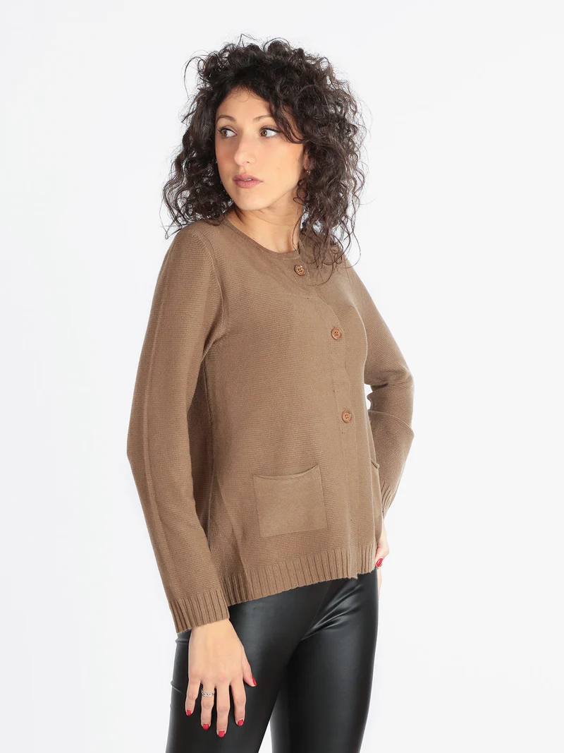 Cardigan in maglia lavorata con tasche da donna - marrone