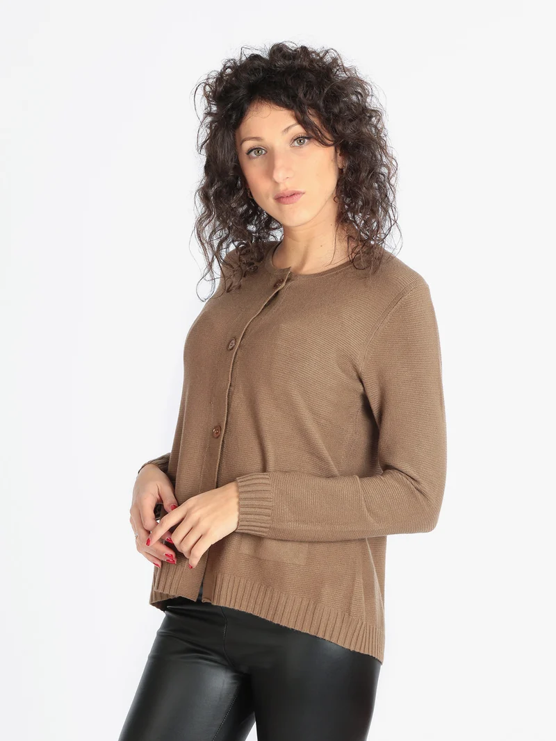 Cardigan in maglia lavorata con tasche da donna - marrone
