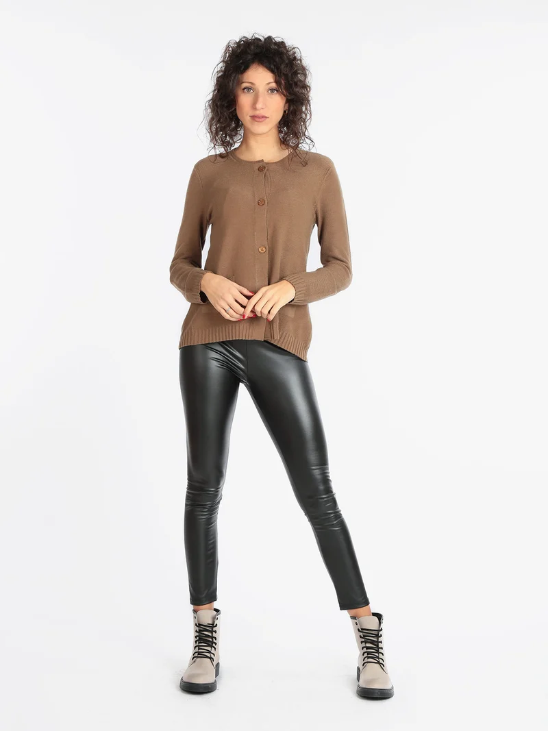 Cardigan in maglia lavorata con tasche da donna - marrone