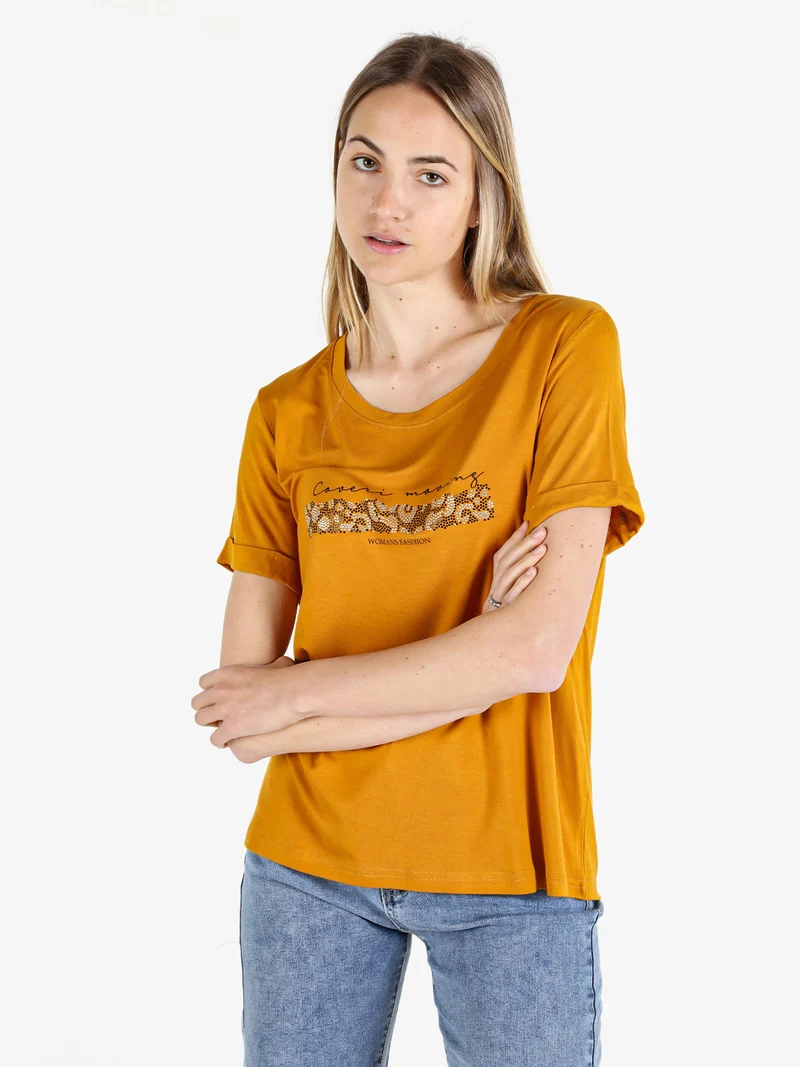 T-shirt da donna con strass - cuoio
