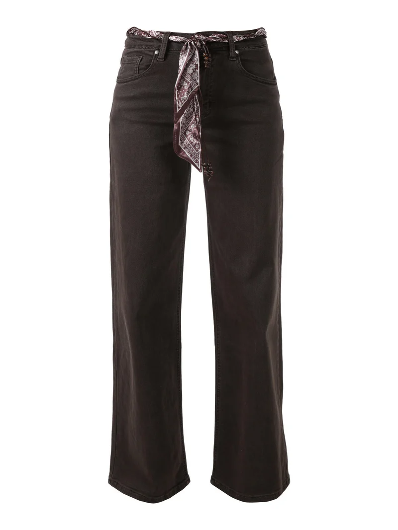 Pantaloni donna jeans wide leg con foulard in vita - moro
