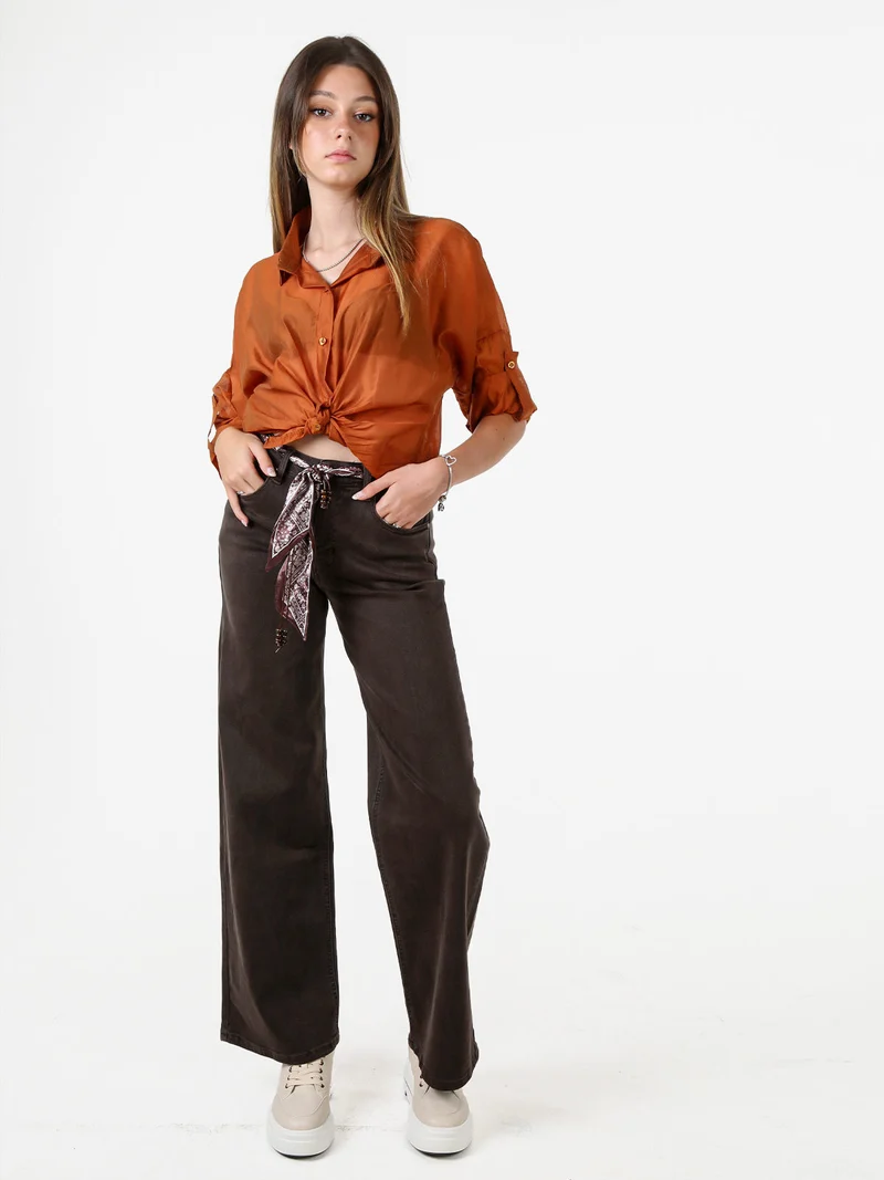 Pantaloni donna jeans wide leg con foulard in vita - moro