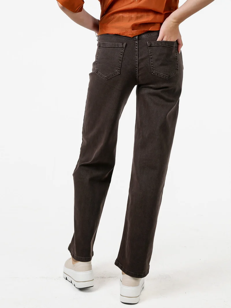 Pantaloni donna jeans wide leg con foulard in vita - moro