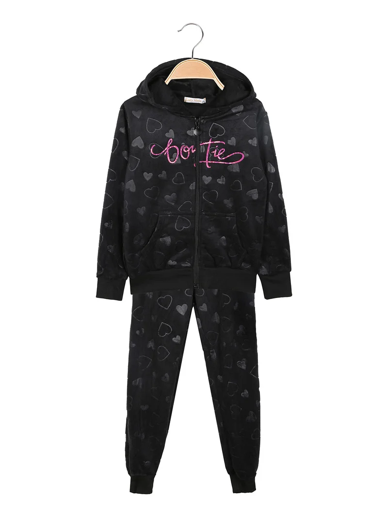 Completo tuta da ragazza 2 pezzi in ciniglia con cappuccio e zip - nero