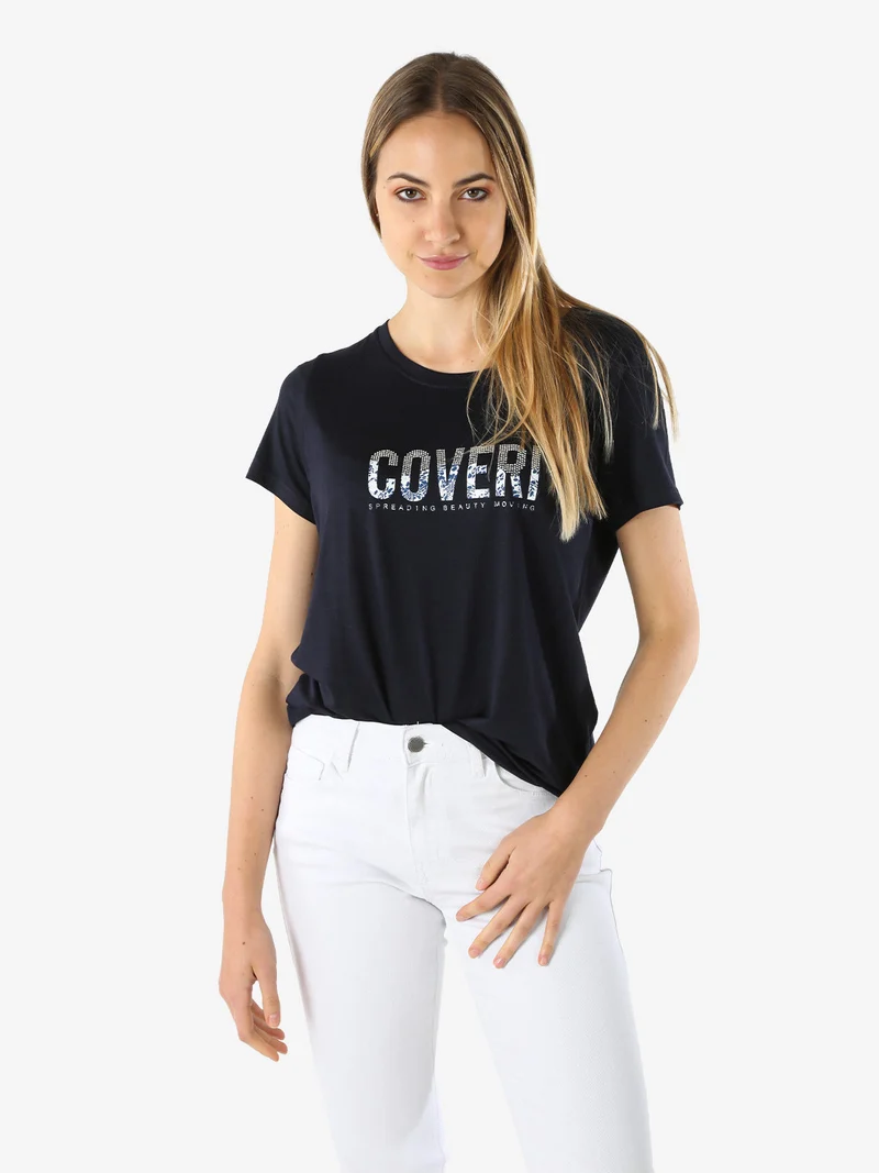 T-shirt donna in viscosa con strass - blu scuro