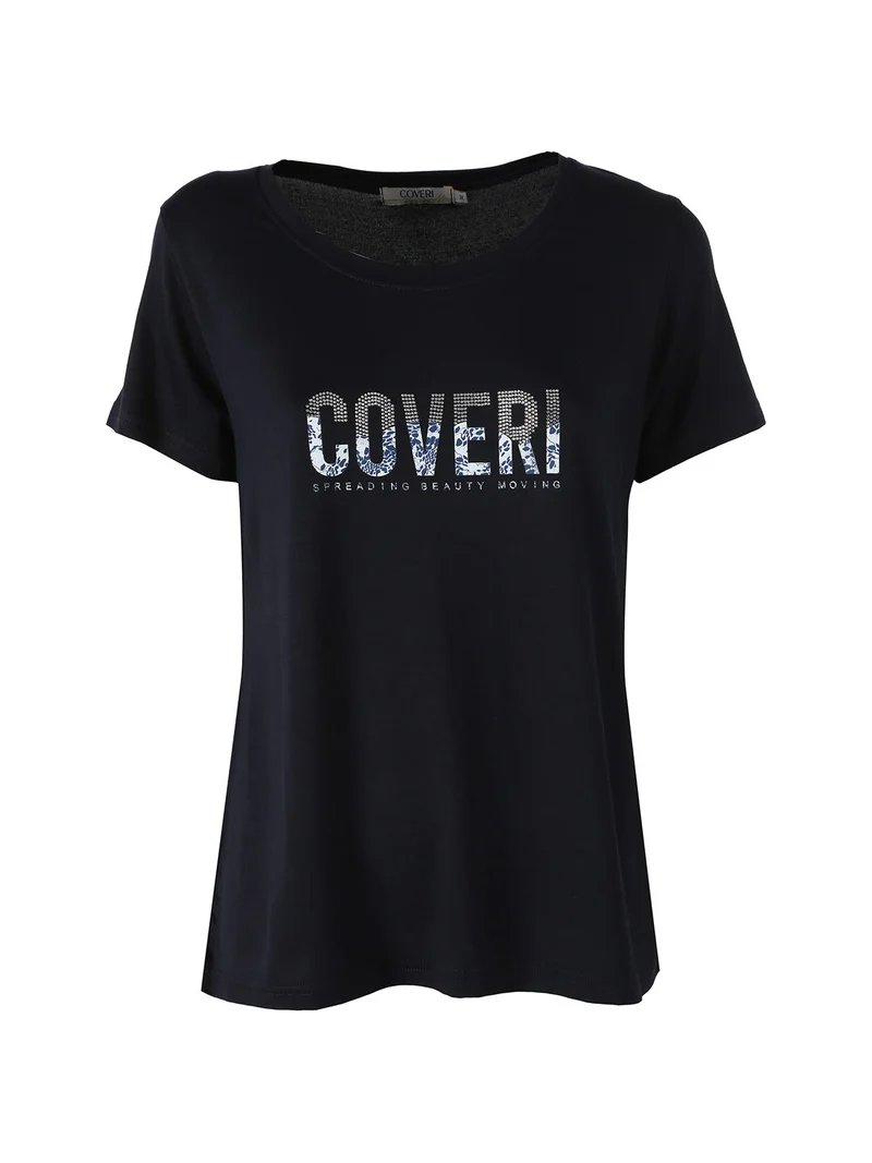 T-shirt donna in viscosa con strass - blu scuro