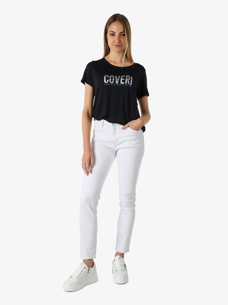 T-shirt donna in viscosa con strass - blu scuro