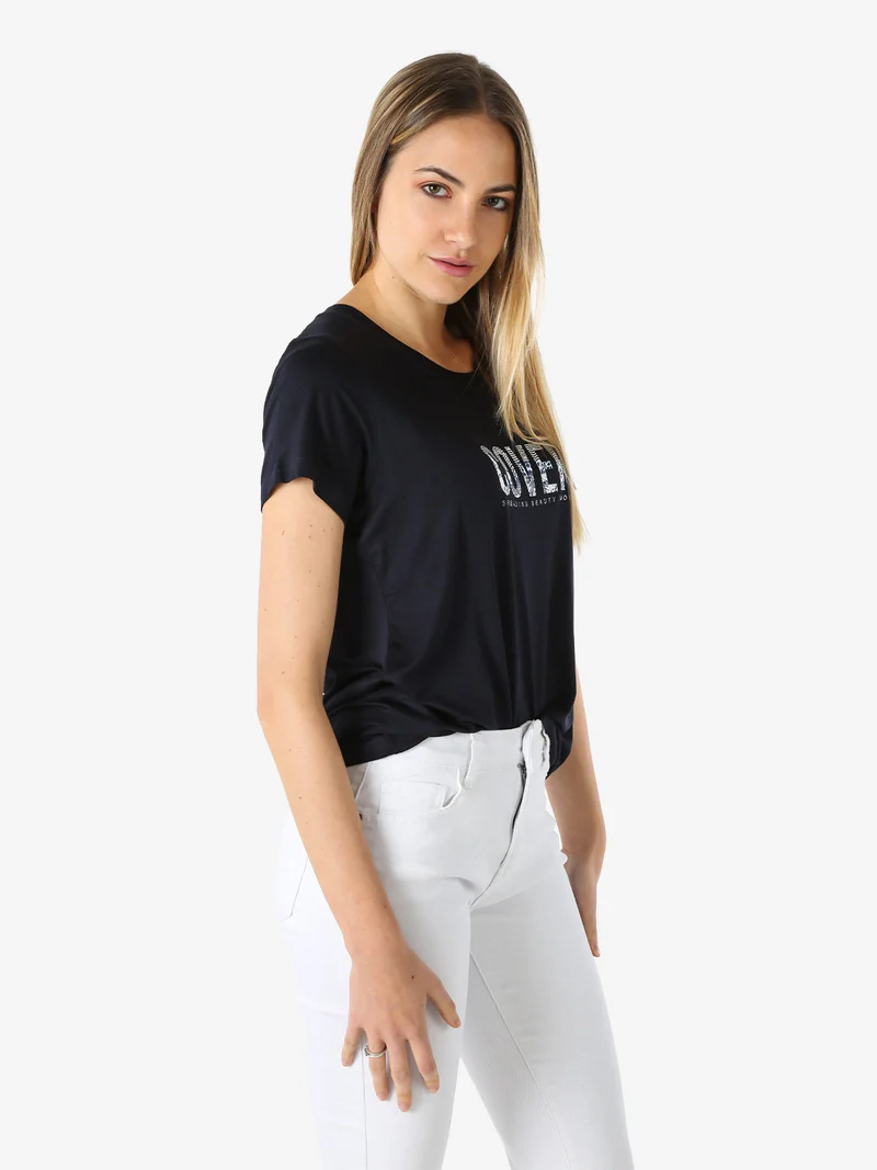 T-shirt donna in viscosa con strass - blu scuro