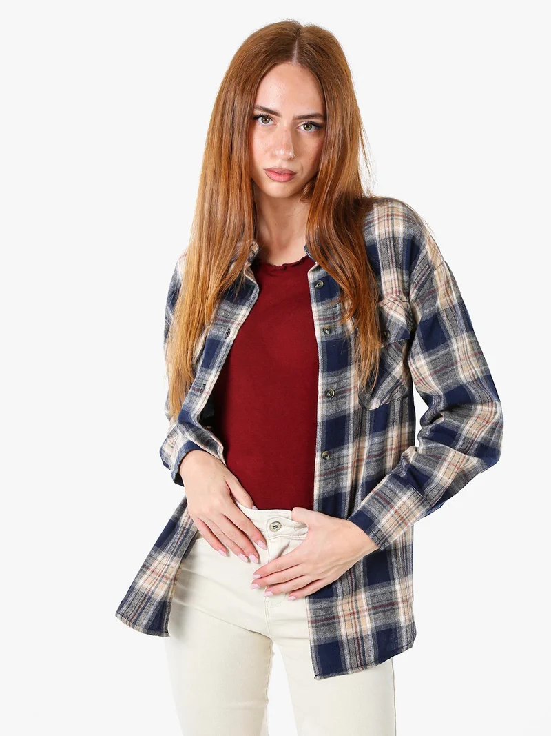 Camicia da donna a maniche lunghe con stampa a quadri - blu