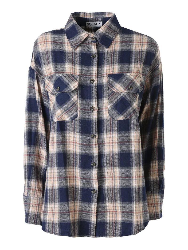Camicia da donna a maniche lunghe con stampa a quadri - blu