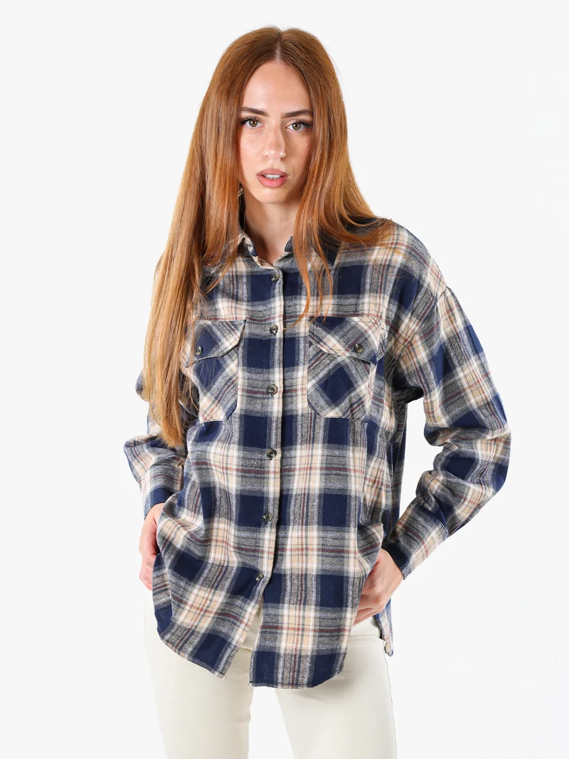Camicia da donna a maniche lunghe con stampa a quadri - blu