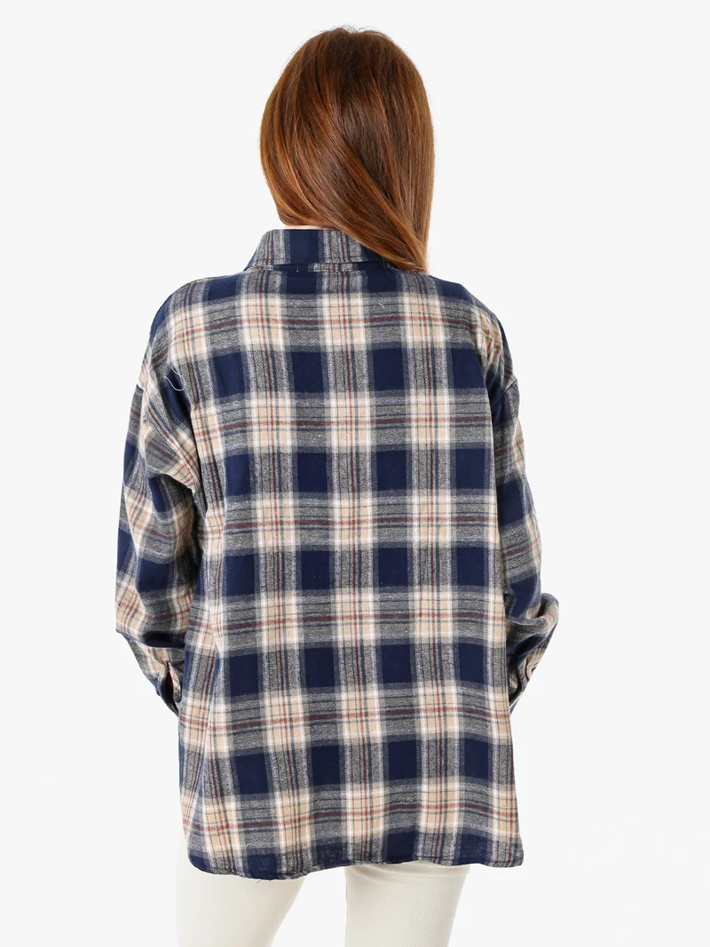 Camicia da donna a maniche lunghe con stampa a quadri - blu