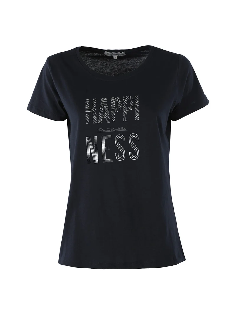 T-shirt girocollo da donna in cotone con strass e dettagli lurex - blu scuro