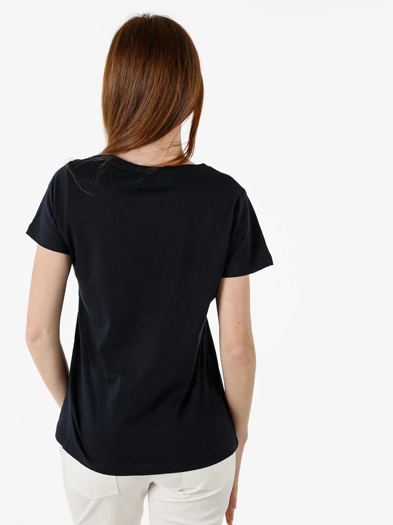 T-shirt girocollo da donna in cotone con strass e dettagli lurex - blu scuro