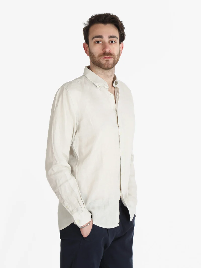 Camicia uomo in lino a manica lunga - perla