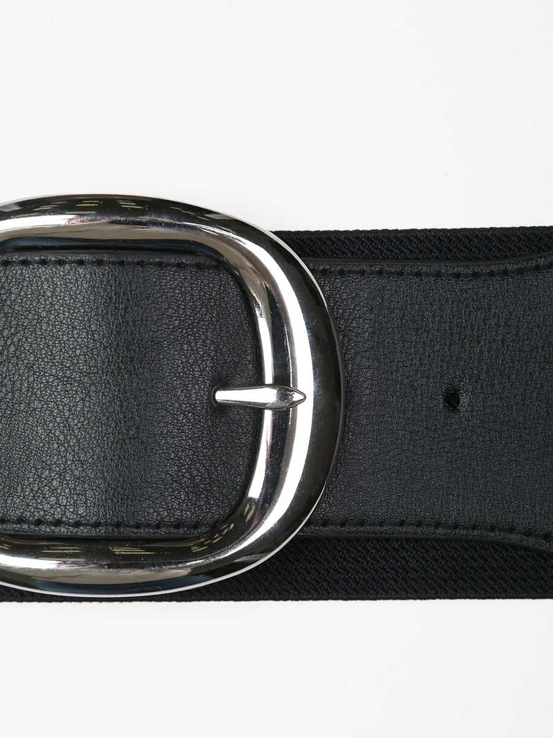 Cintura elasticizzata da donna con fibbia argentata - nero