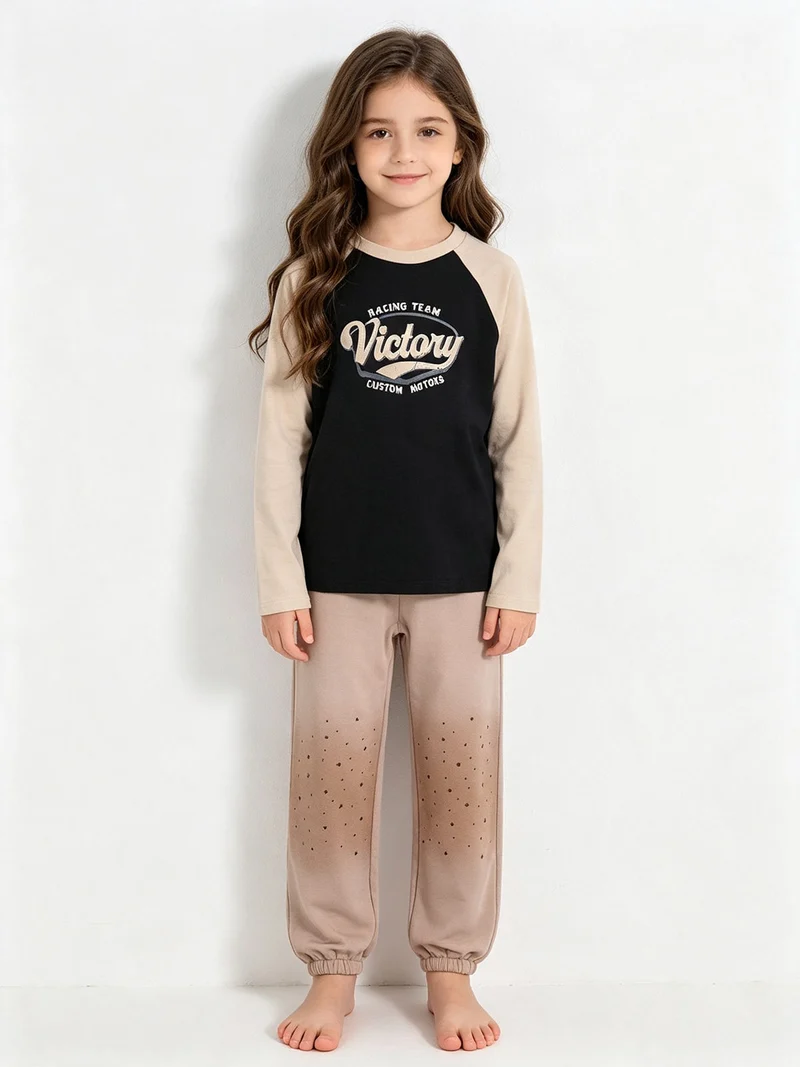 Completo 2 pezzi da bambina maglietta + pantaloni - khaki