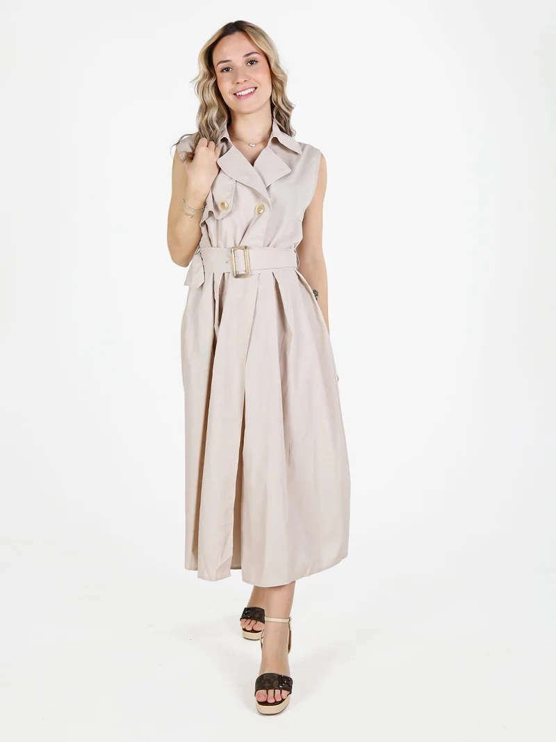 Abito da donna smanicato stile trench in misto cotone - beige