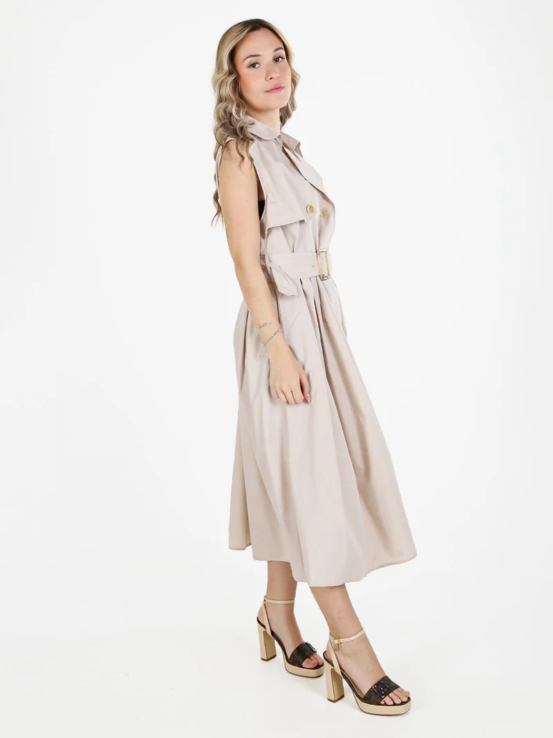 Abito da donna smanicato stile trench in misto cotone - beige