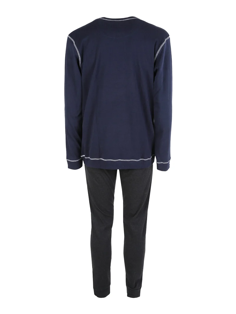 Pigiama lungo da uomo in cotone interlock - blu scuro