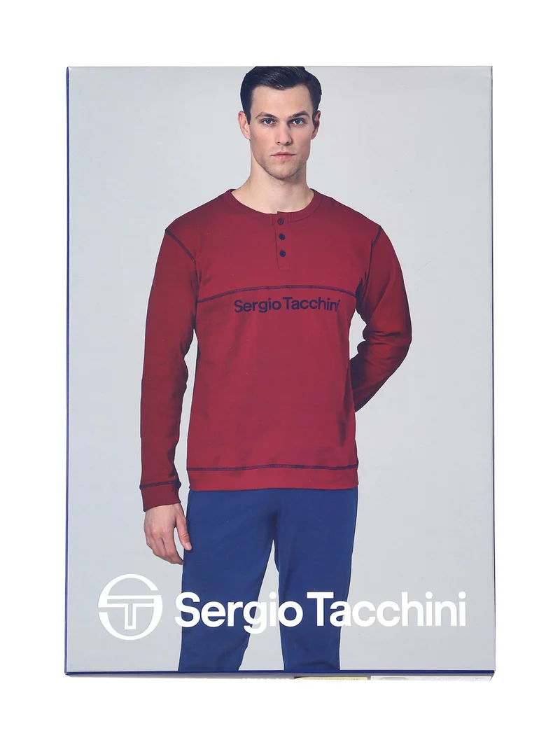 Pigiama lungo da uomo in cotone interlock - blu scuro