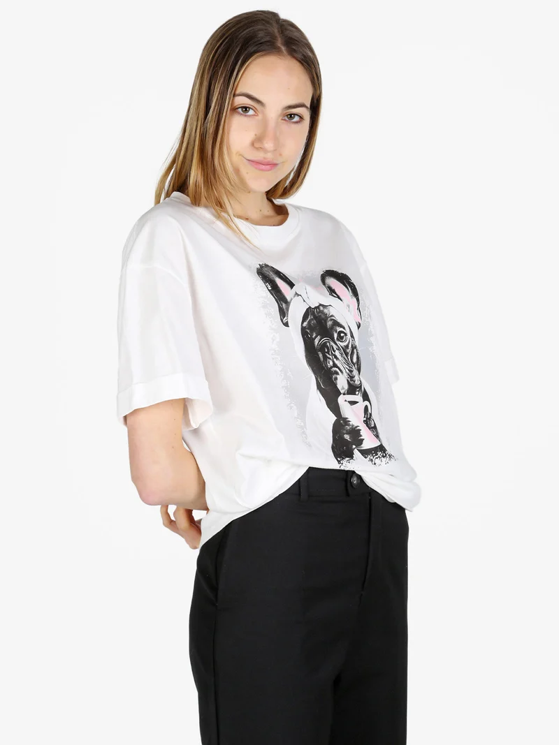T-shirt donna oversize in cotone con stampa - bianco