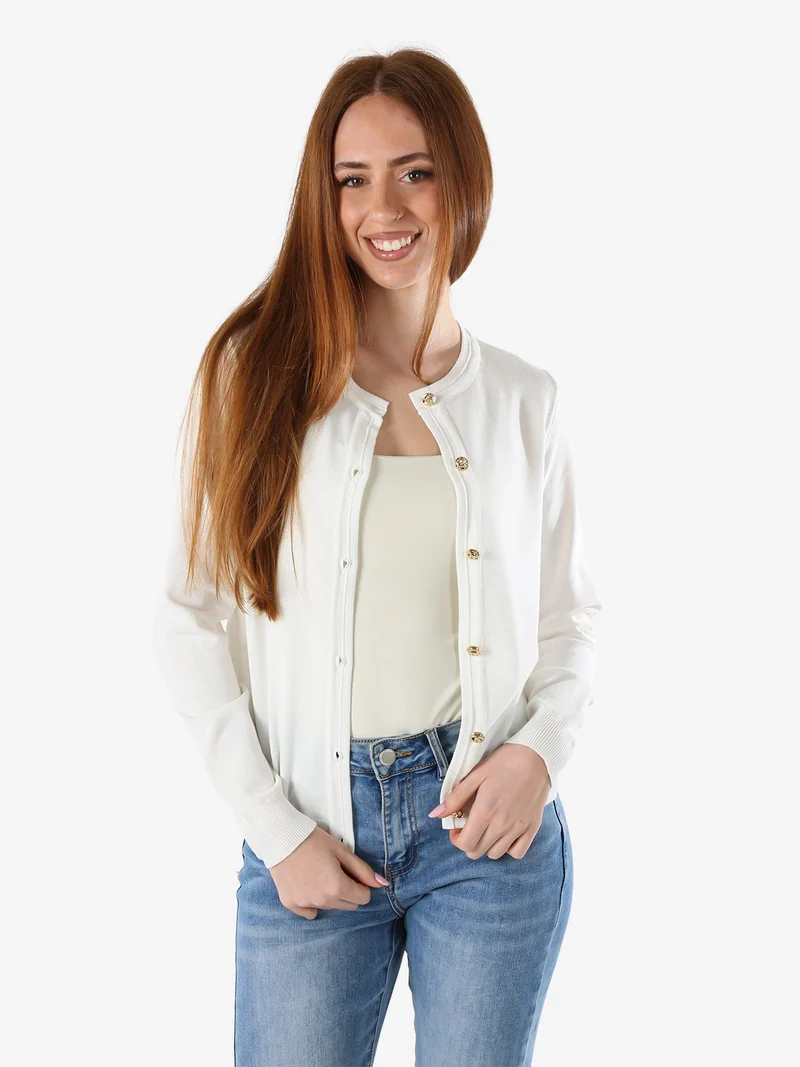 Cardigan donna in maglia con bottoni dorati - bianco