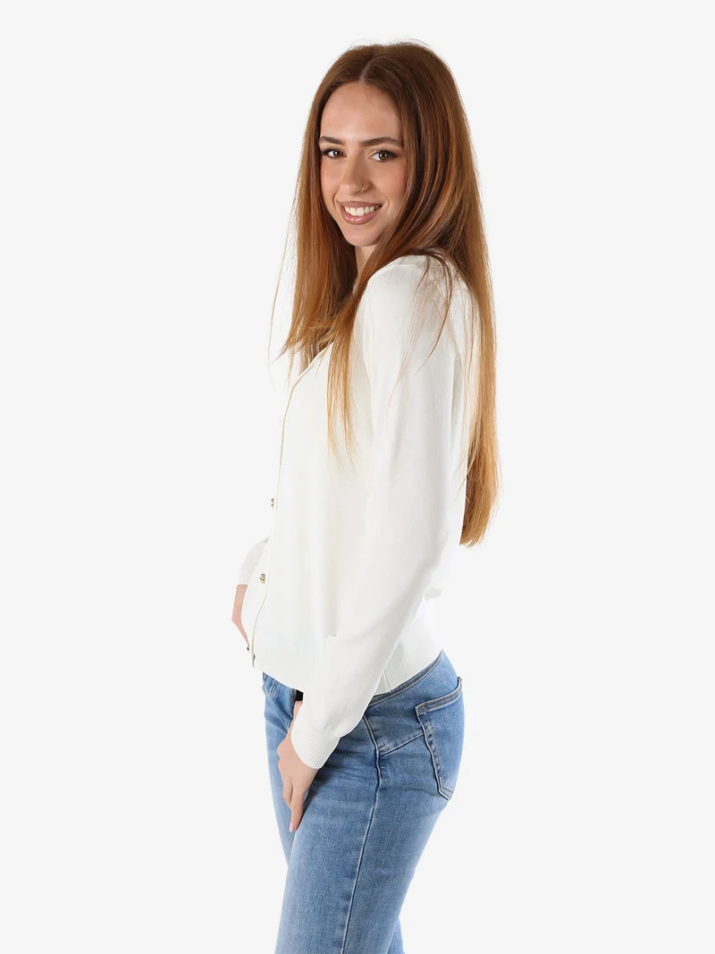 Cardigan donna in maglia con bottoni dorati - bianco
