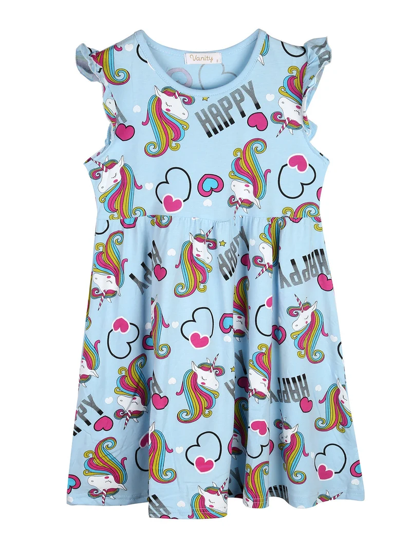 Vestito da bambina unicorno con maniche a volant - azzurro