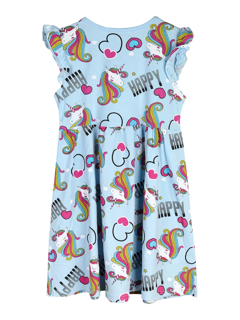 Vestito da bambina unicorno con maniche a volant - azzurro