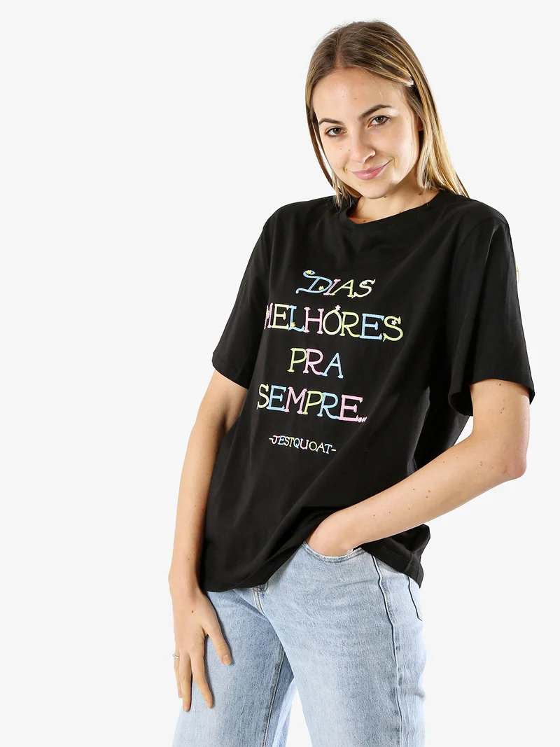 T-shirt donna oversize con ricami colorati - nero