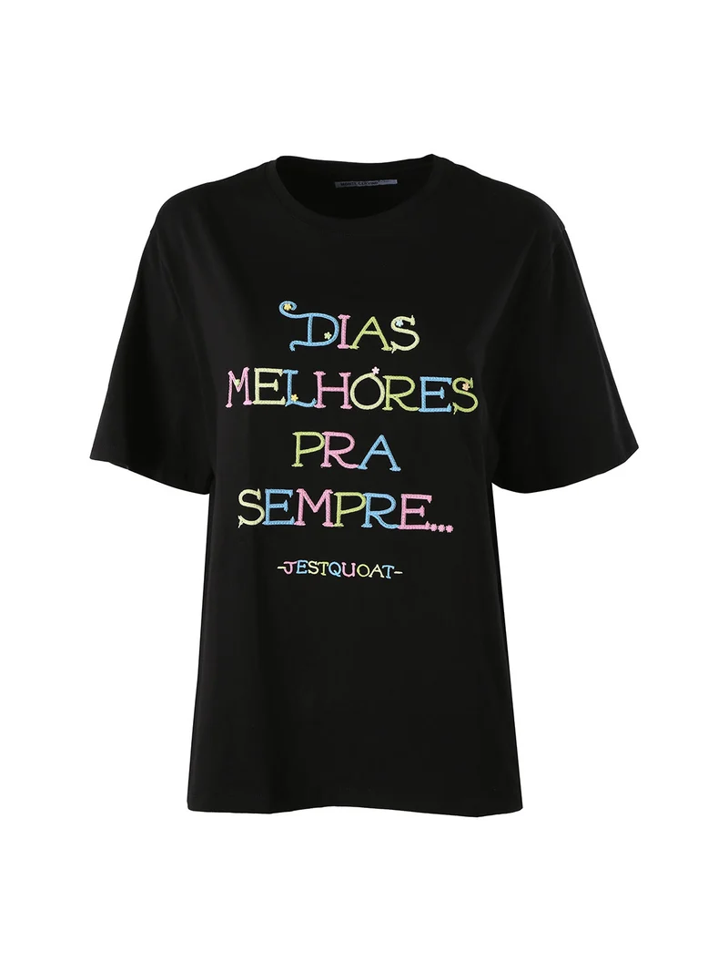 T-shirt donna oversize con ricami colorati - nero