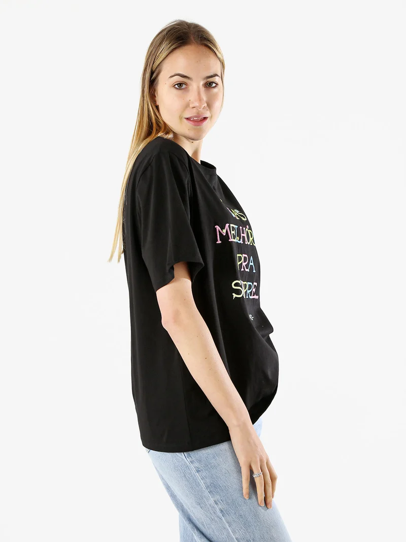 T-shirt donna oversize con ricami colorati - nero