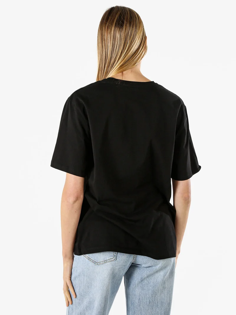 T-shirt donna oversize con ricami colorati - nero