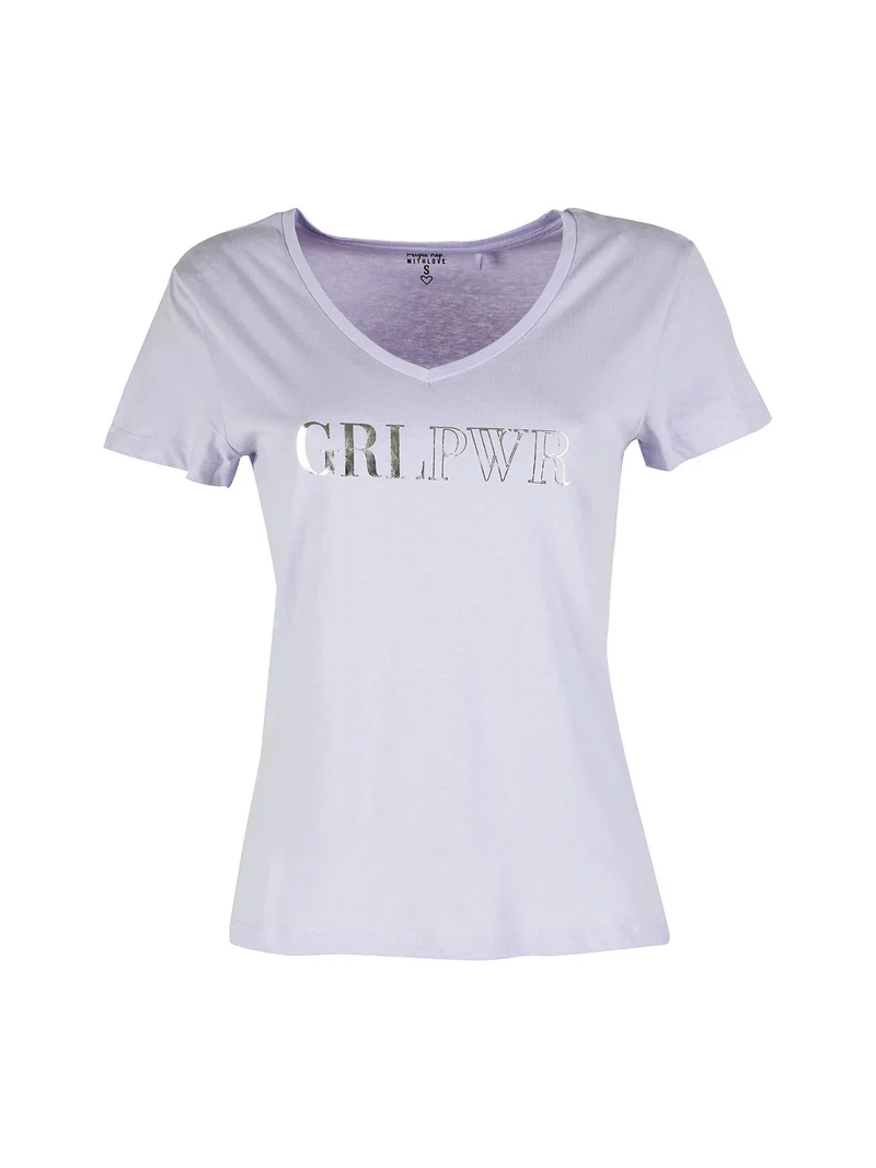 T-shirt donna in cotone con scollo a V e stampa scritta - lilla