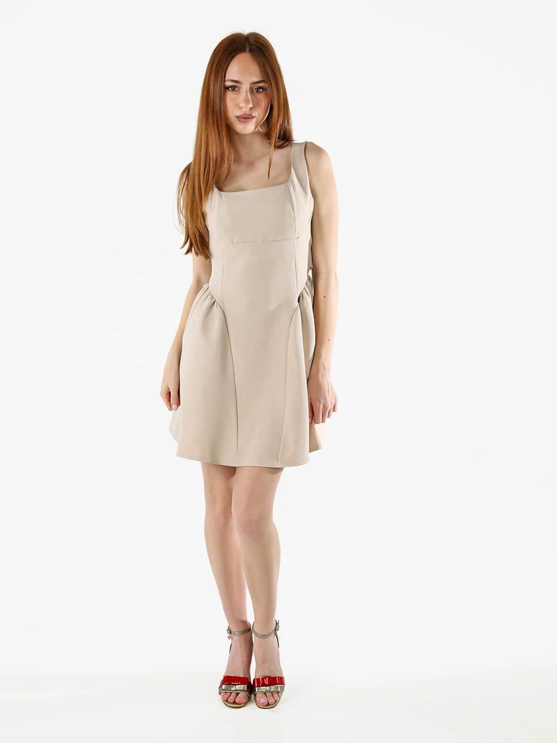 Vestito donna a spalla stretta con scollo quadrato - beige