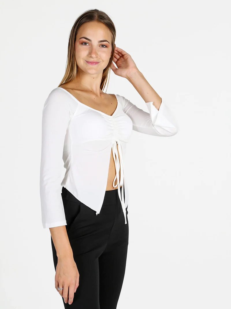 Top donna con maniche lunghe a campana e laccetti - bianco