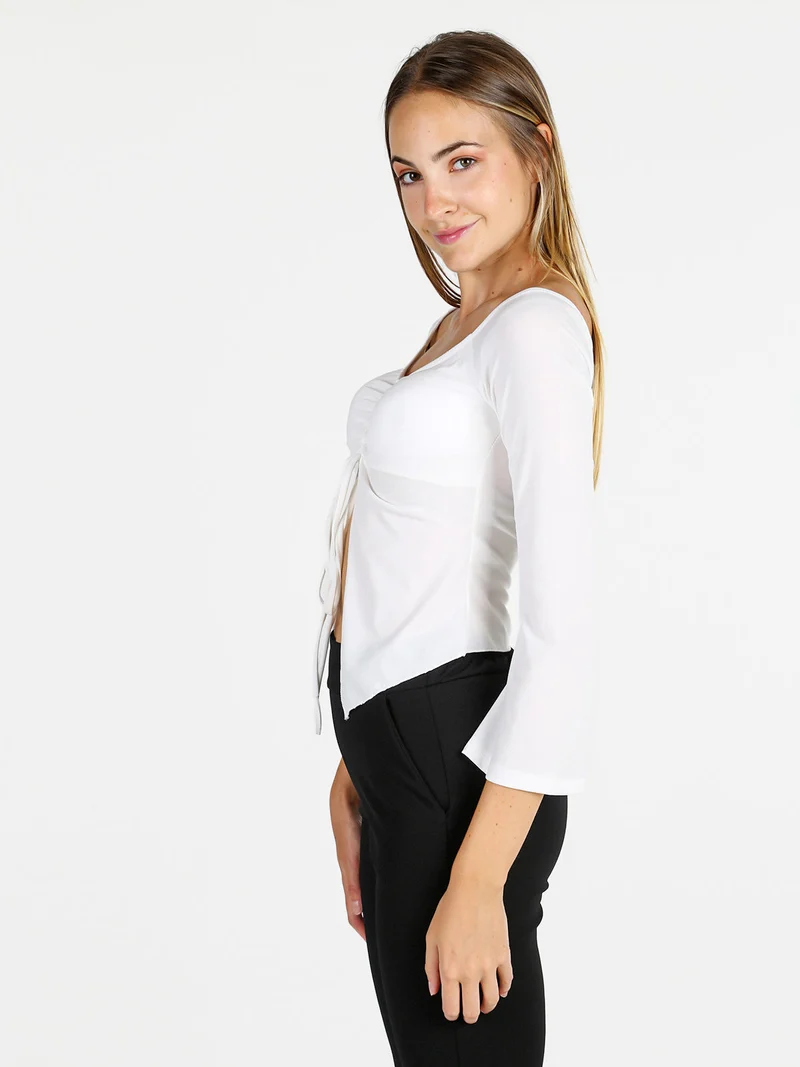 Top donna con maniche lunghe a campana e laccetti - bianco