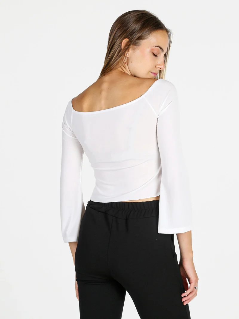 Top donna con maniche lunghe a campana e laccetti - bianco