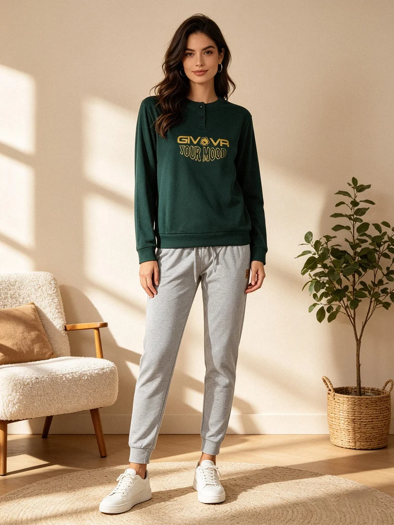 Pigiama lungo da donna in cotone interlock con stampa - verde