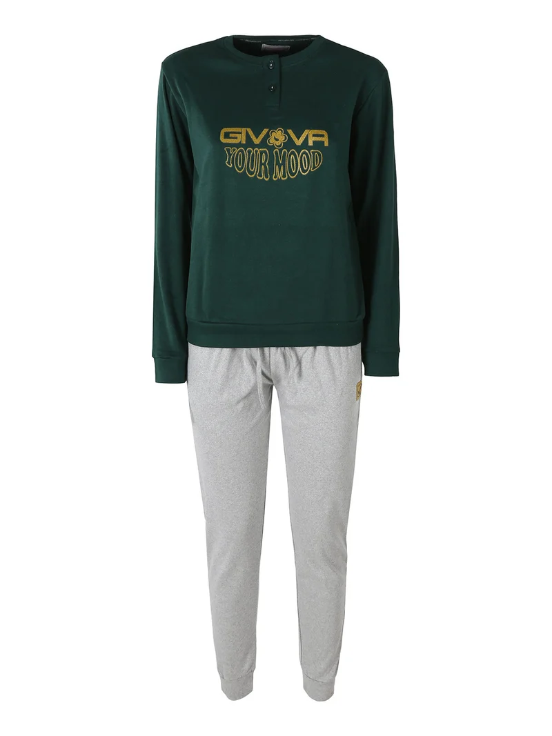 Pigiama lungo da donna in cotone interlock con stampa - verde