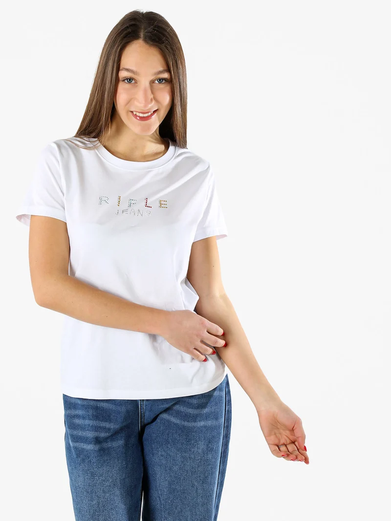 T-shirt girocollo da donna in cotone con strass - bianco