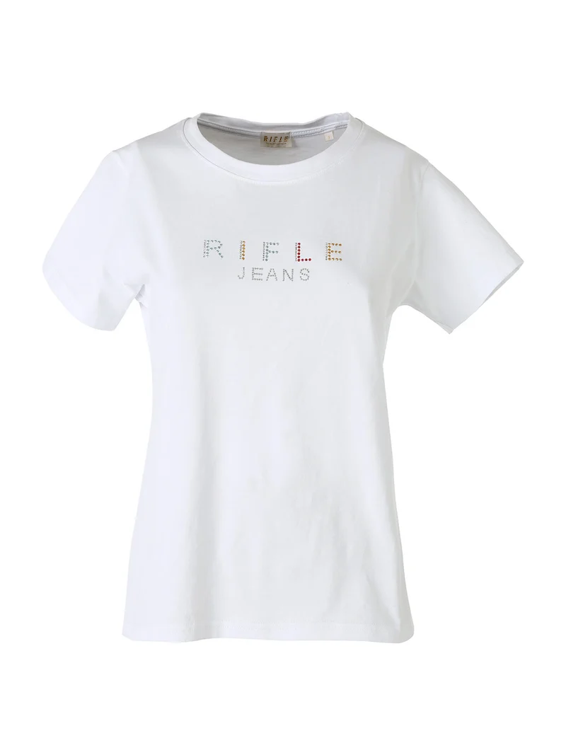 T-shirt girocollo da donna in cotone con strass - bianco