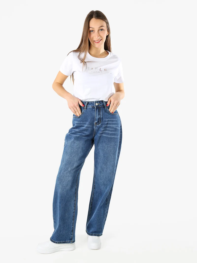T-shirt girocollo da donna in cotone con strass - bianco