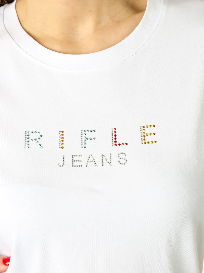 T-shirt girocollo da donna in cotone con strass - bianco