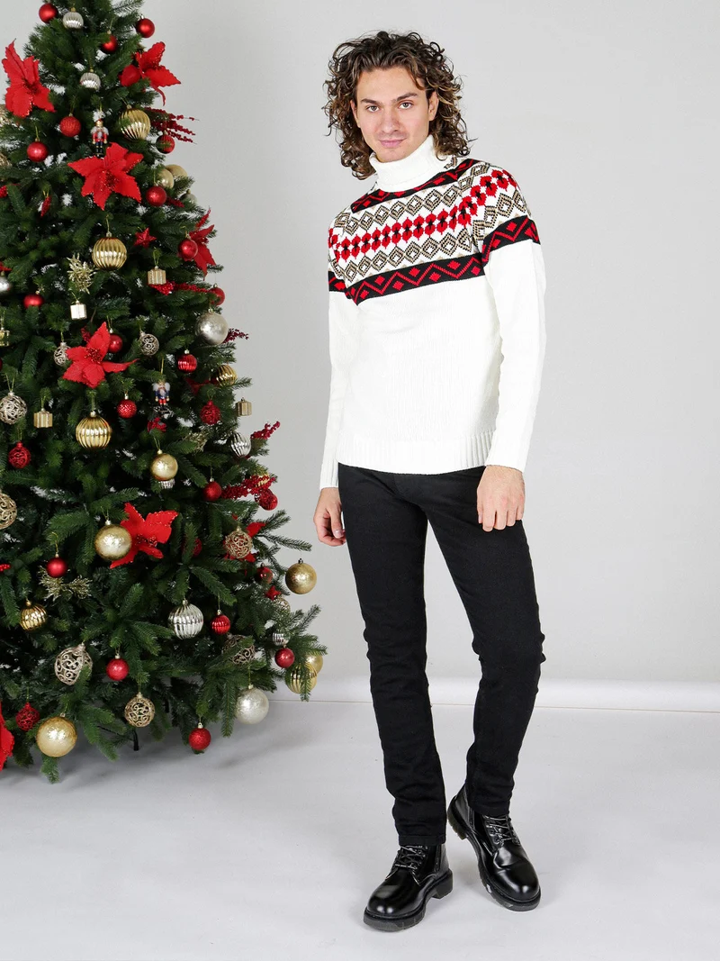 Maglione dolcevita natalizio da uomo - bianco