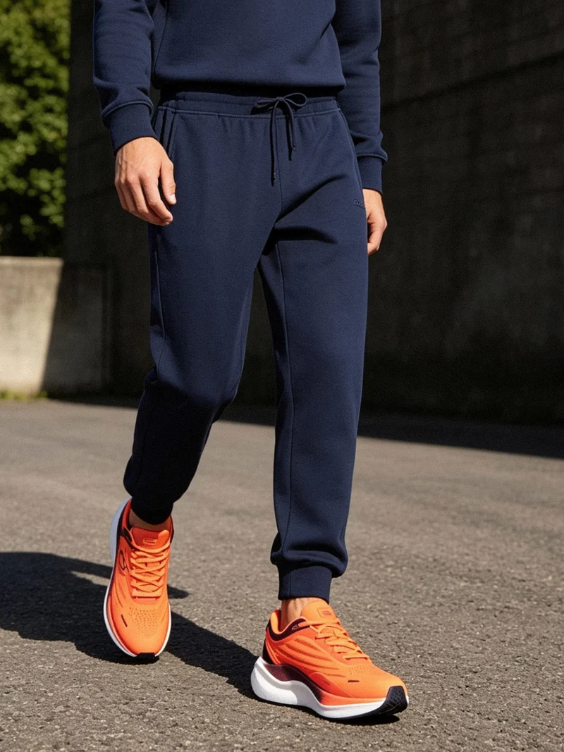 Pantaloni tuta da uomo in felpa di cotone con coulisse e polsini - blu scuro