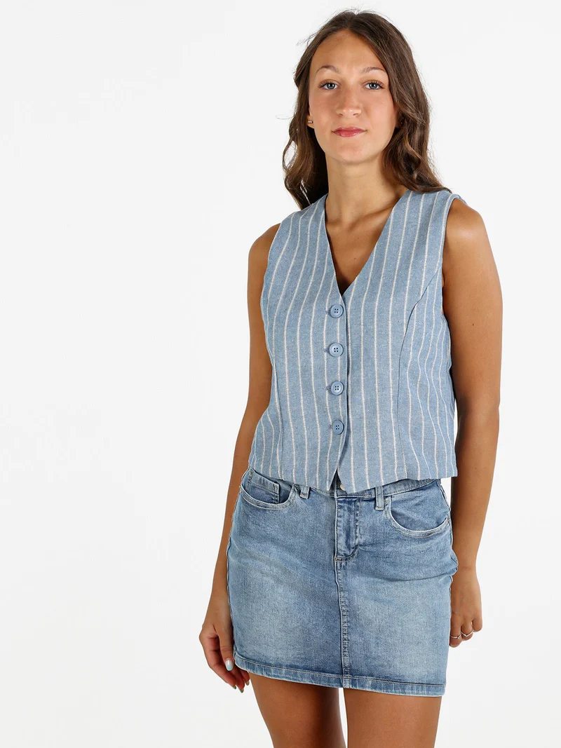 Gilet donna a righe in misto lino e cotone - blu