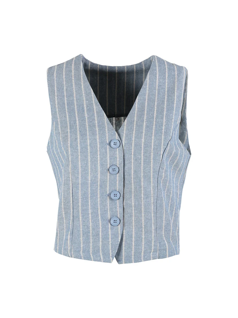 Gilet donna a righe in misto lino e cotone - blu