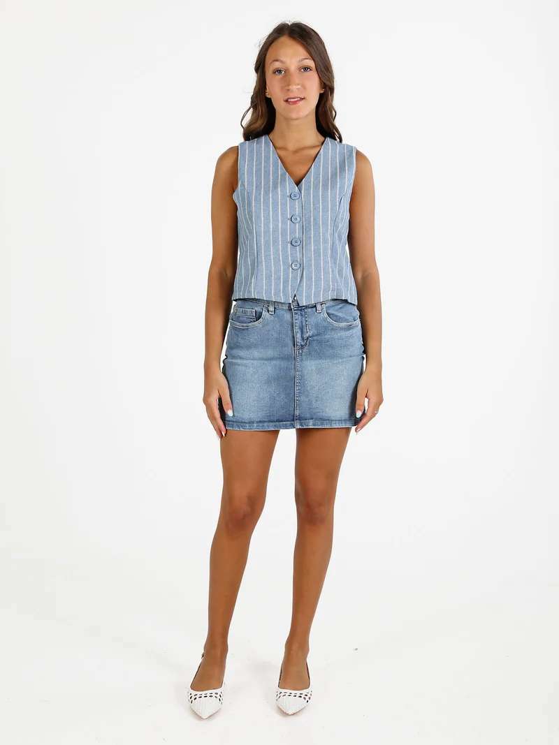 Gilet donna a righe in misto lino e cotone - blu